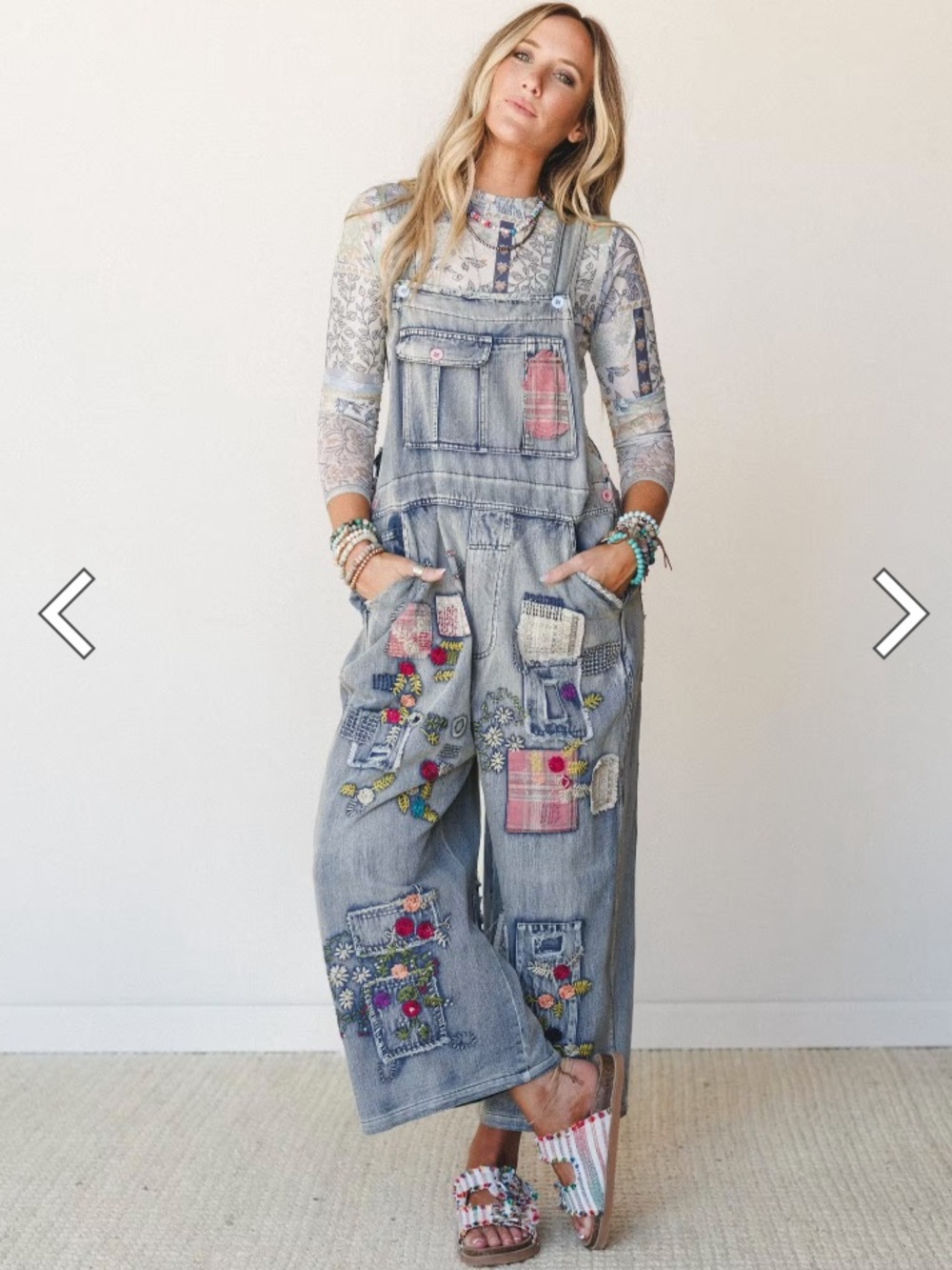 Blue Velvet Embroidered Patchwork Denim Overalls - Floral Appliqué XL